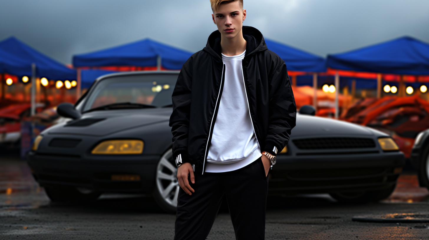 Stylish European Teenage Driver beside Black Sports Car