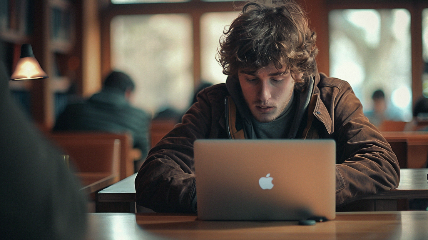 european student using Macbook in class