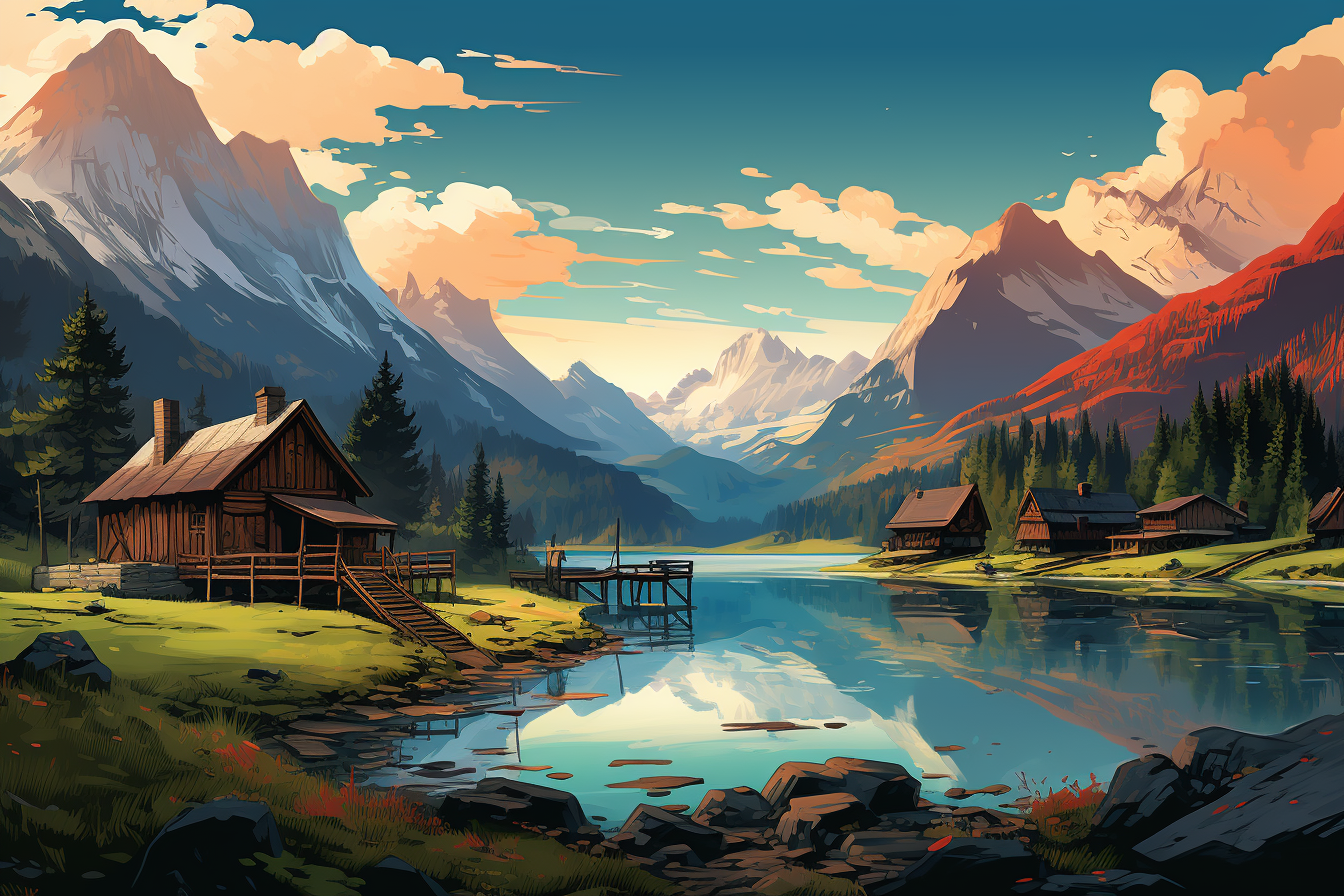 European village landscape with mountains and lake