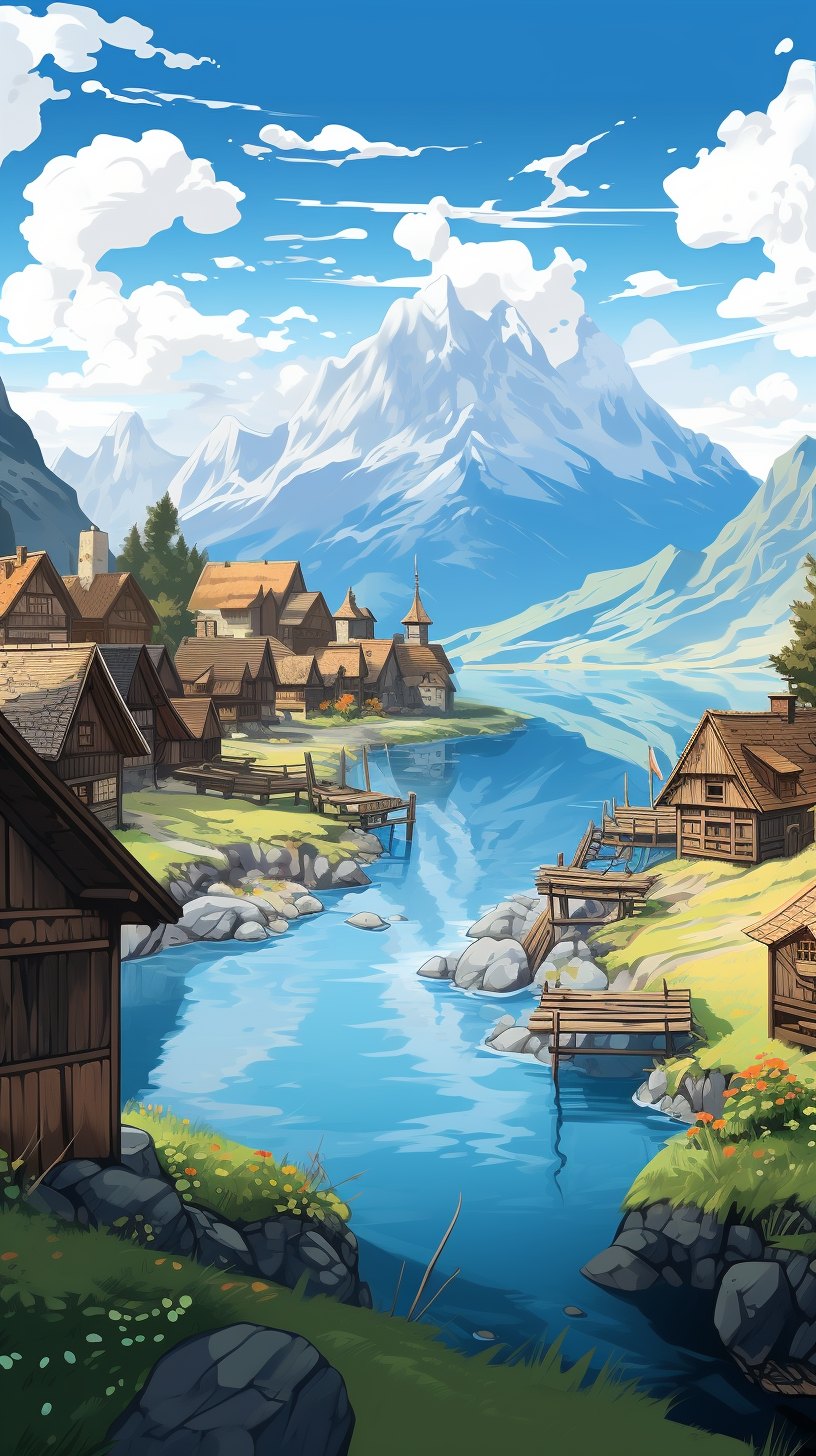 European village landscape with mountains and lake