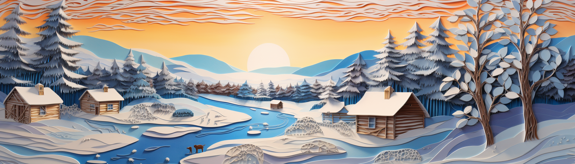 Quilled winter landscape inside log cabin