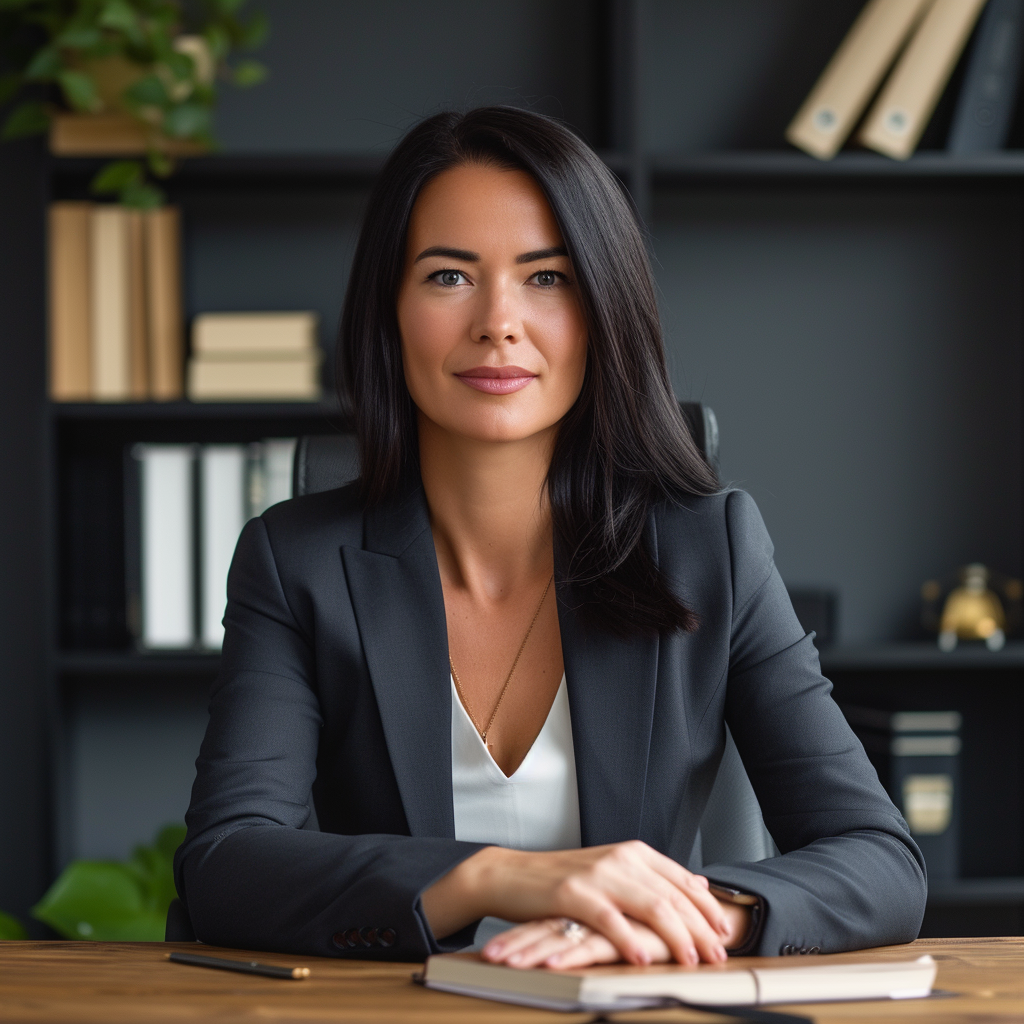 European female lawyer sitting at wooden desk