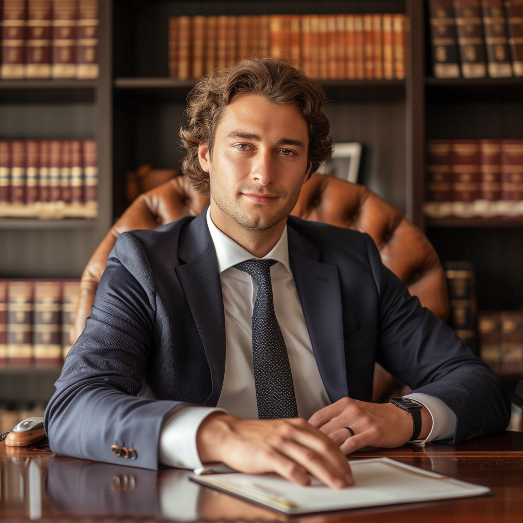 European male lawyer sitting at wooden desk