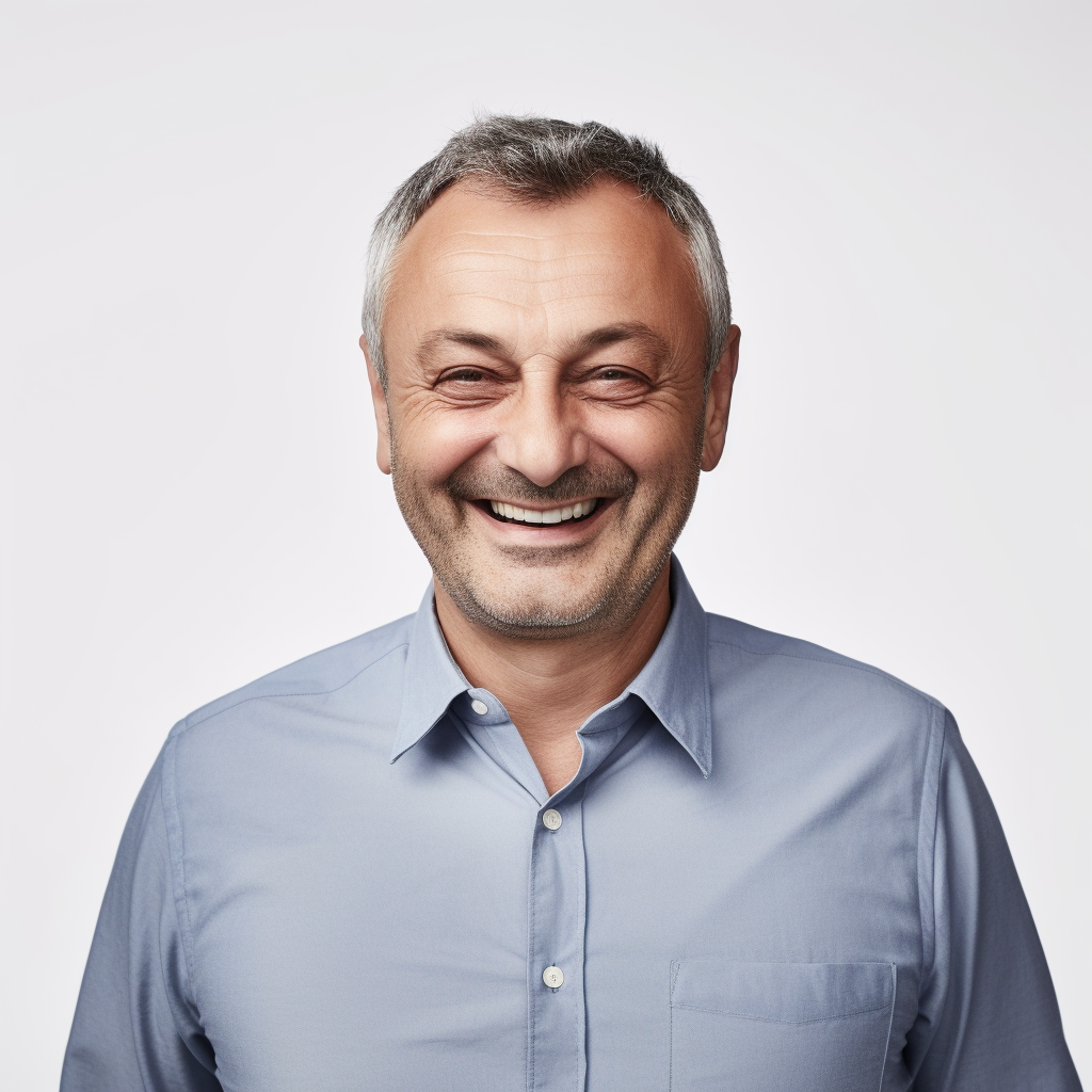 Cheerful European man with modest smile wearing a shirt