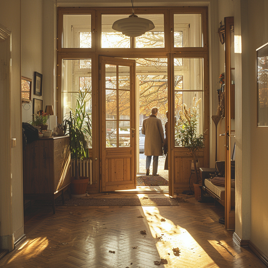 Couple entering European apartment morning