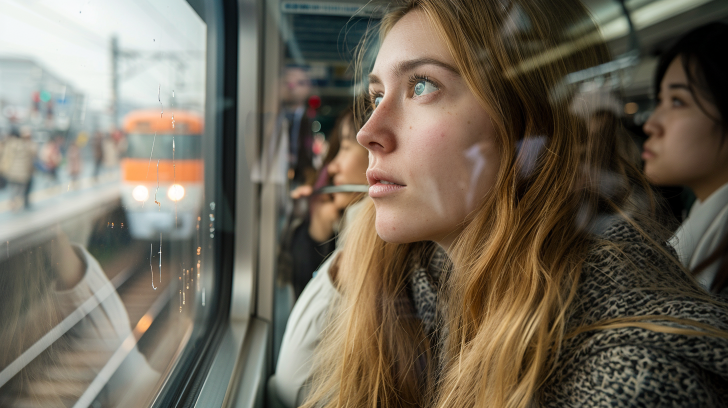 European woman on crowded Bullet Train