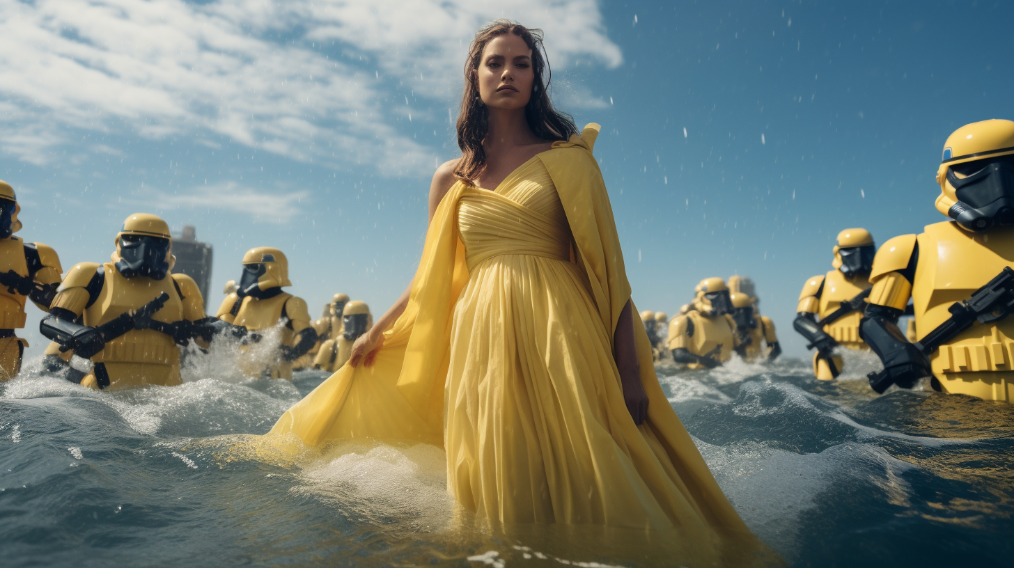 Beautiful woman in yellow haute couture dress