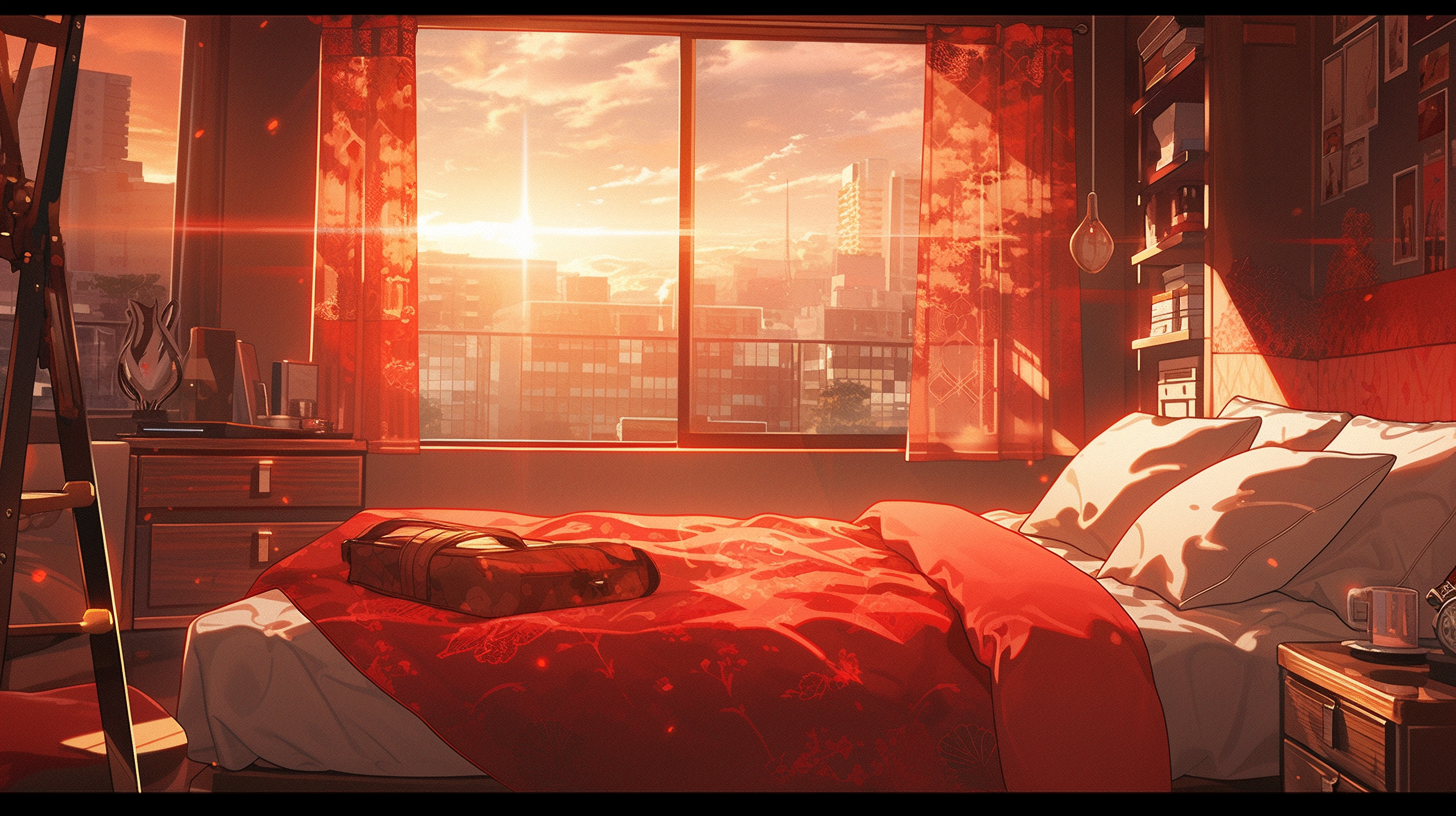 Anime Bedroom with Red-themed Open Window