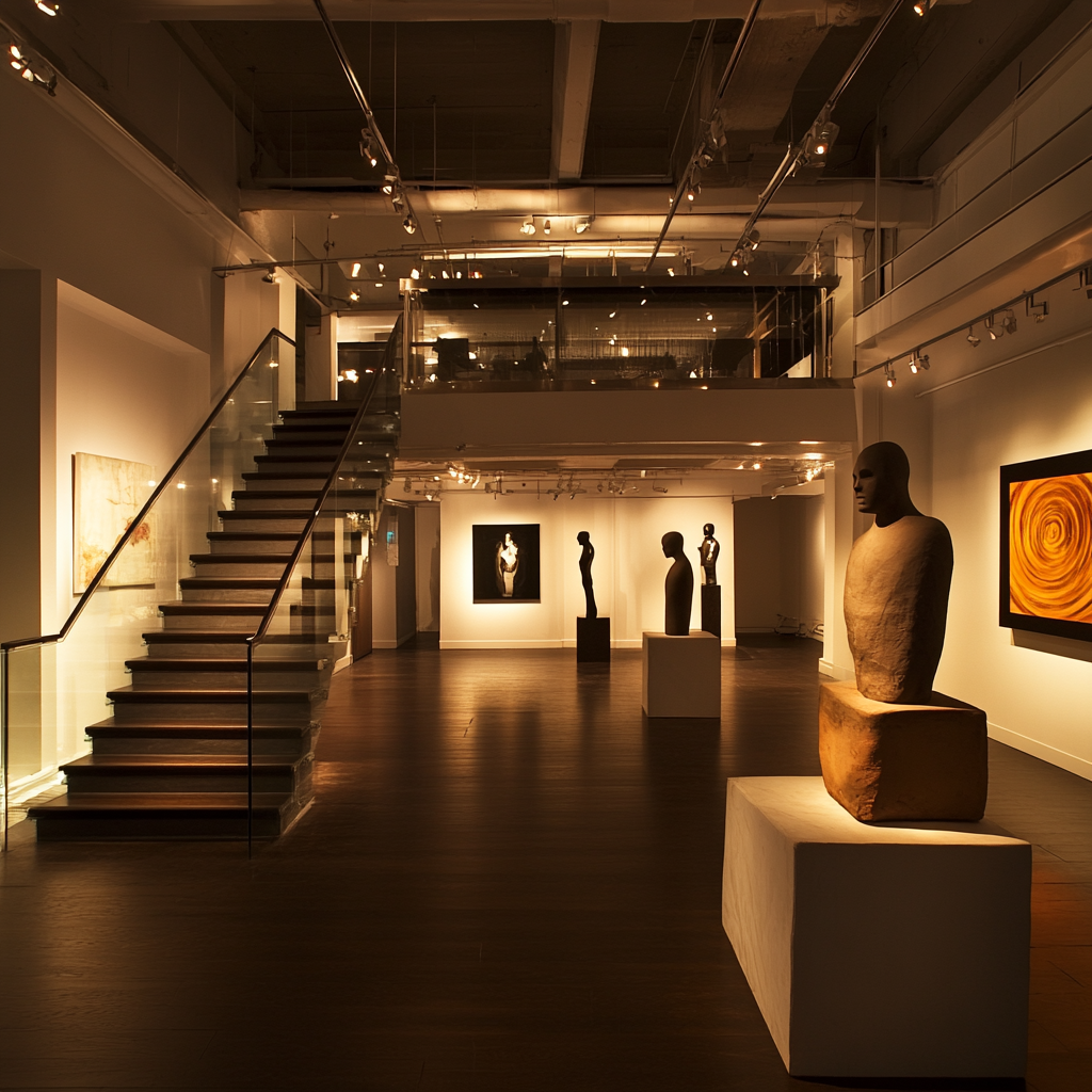 evening event in modern gallery room with mannequins