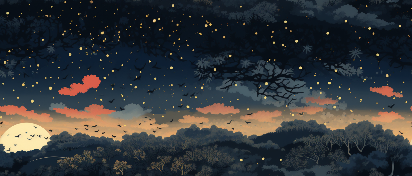 Japanese Woodblock Print of Evening Sky with Fireflies