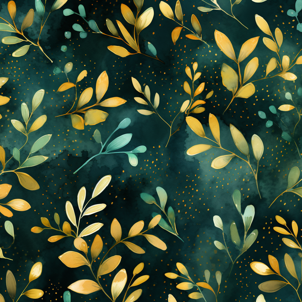 Evergreen Watercolor with Gold Floral Pattern