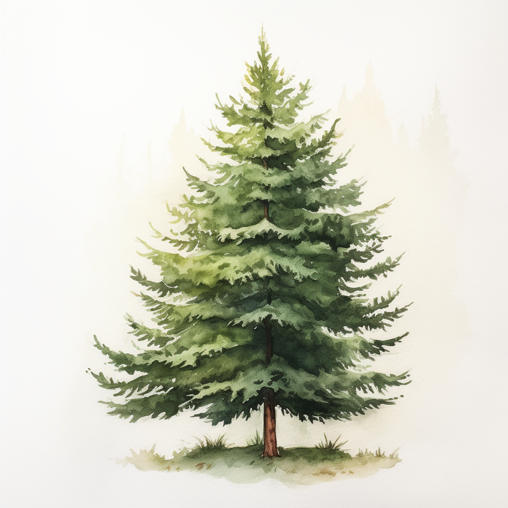Beautiful watercolor evergreen tree with subtle wash background