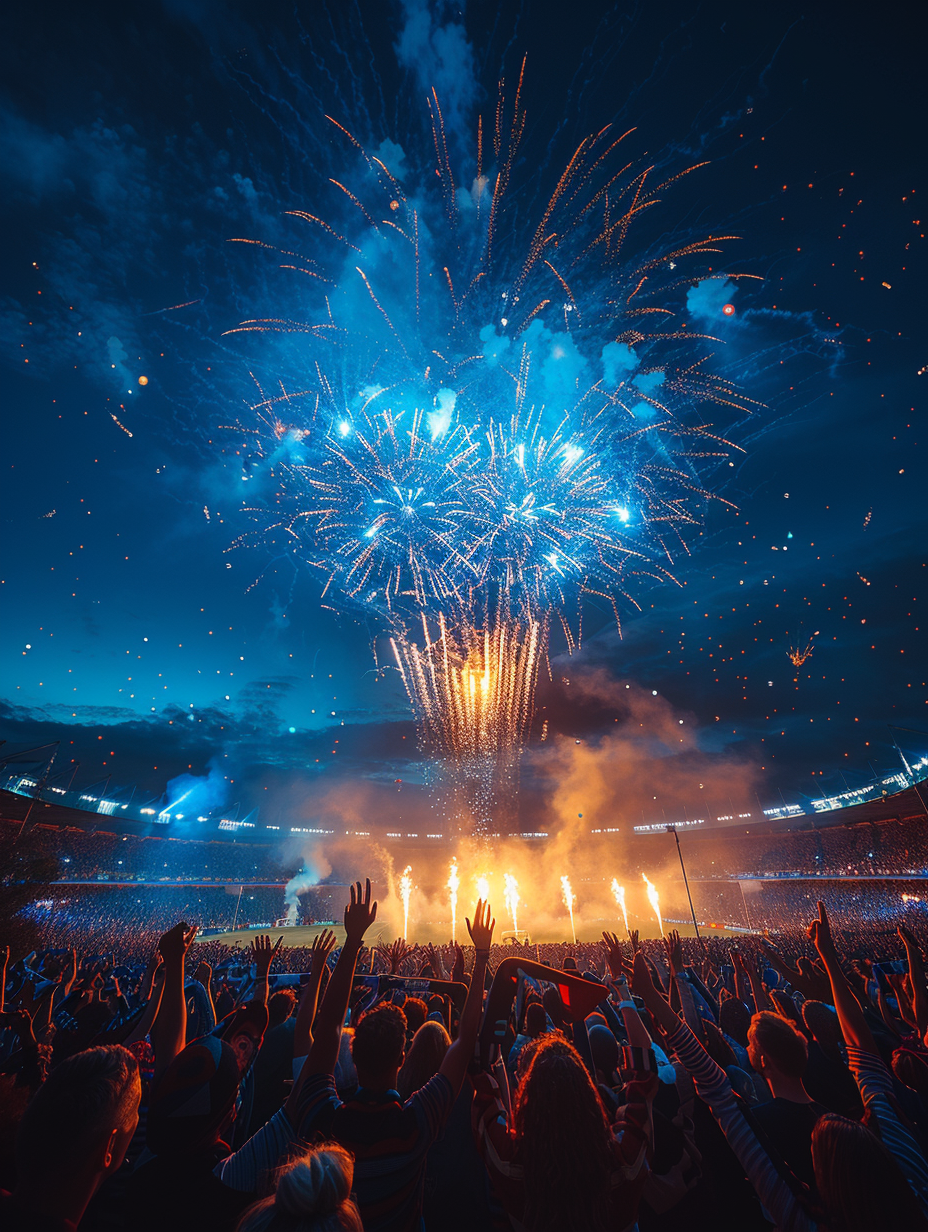 Blue and Yellow Fireworks at Stadium Celebration