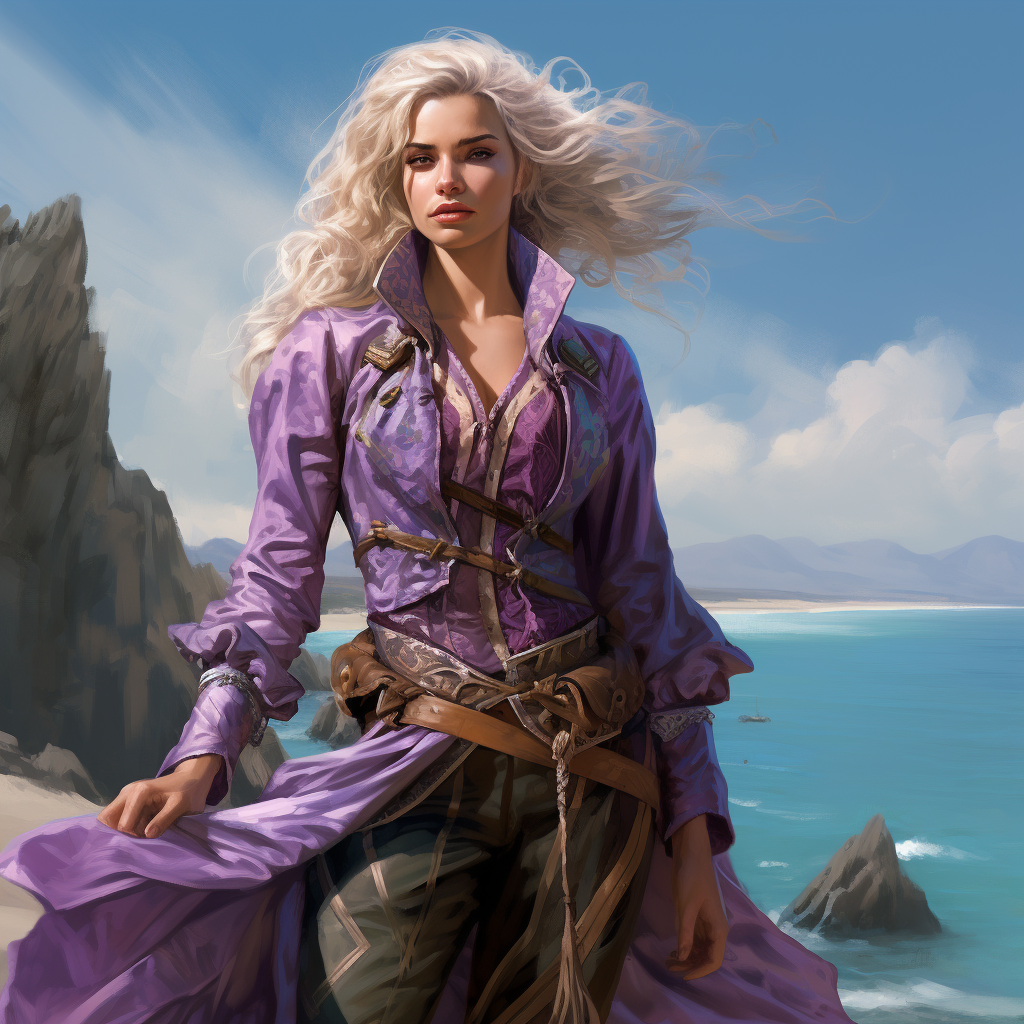 Evil blond female ocean druid in purple clothes