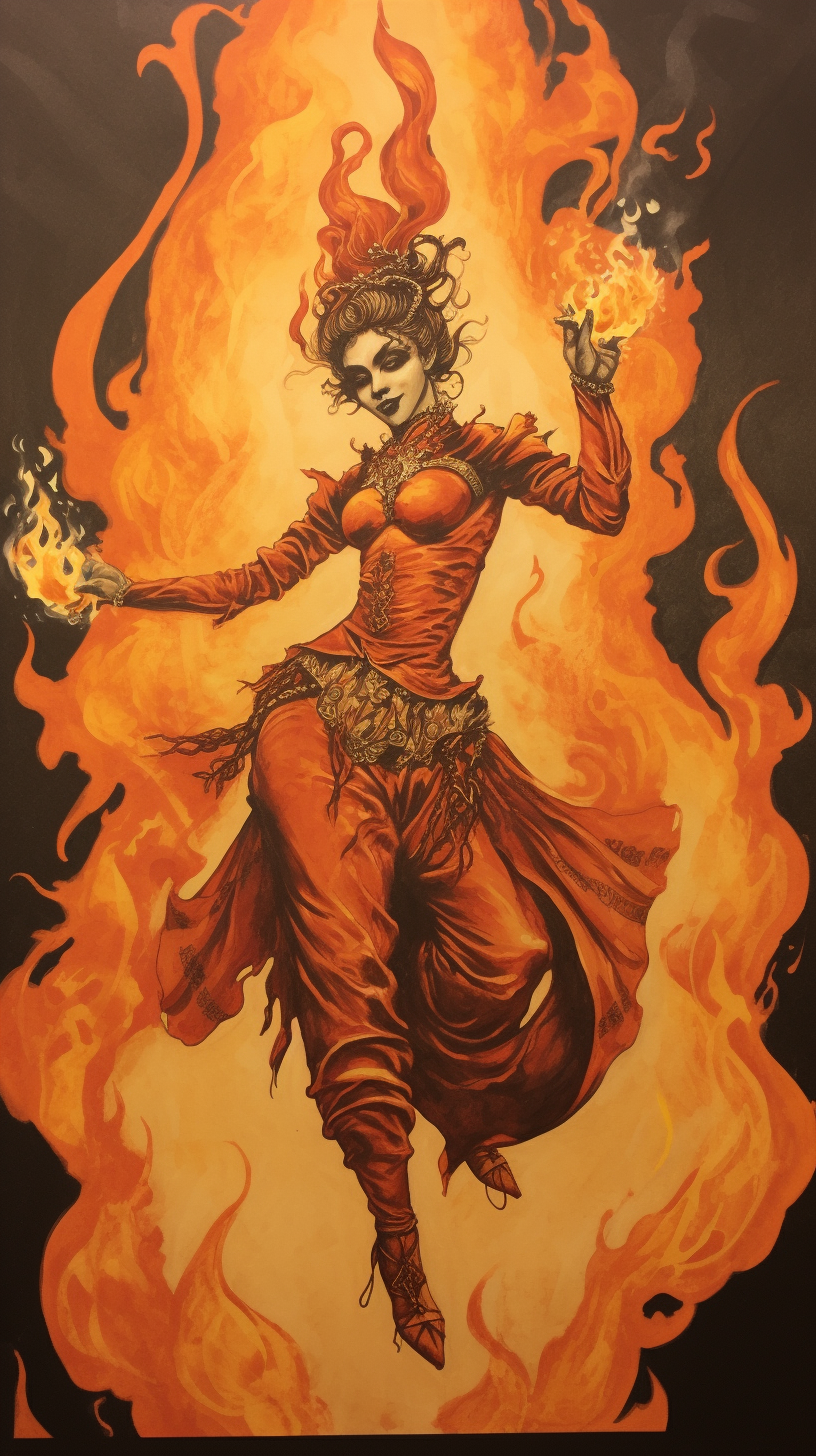 Dark fantasy art of evil jester dancing with fire