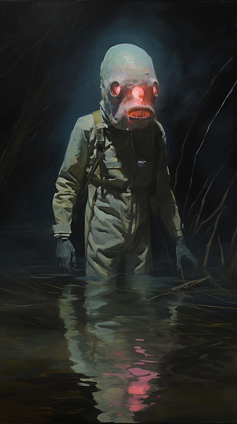 Scary evil fish humanoid creature in a swamp