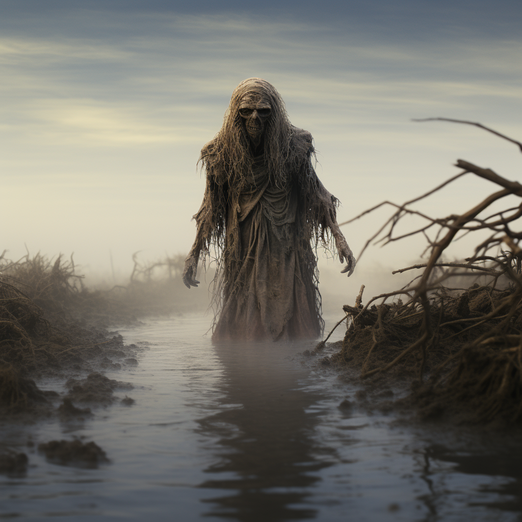 Terrifying water hag in misty bog