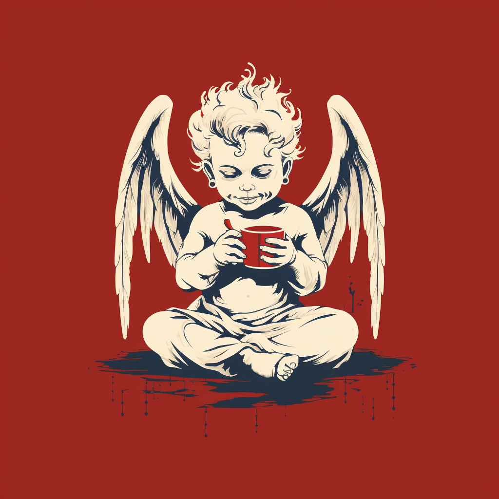 Evil and Good Cherub Drinking Coffee