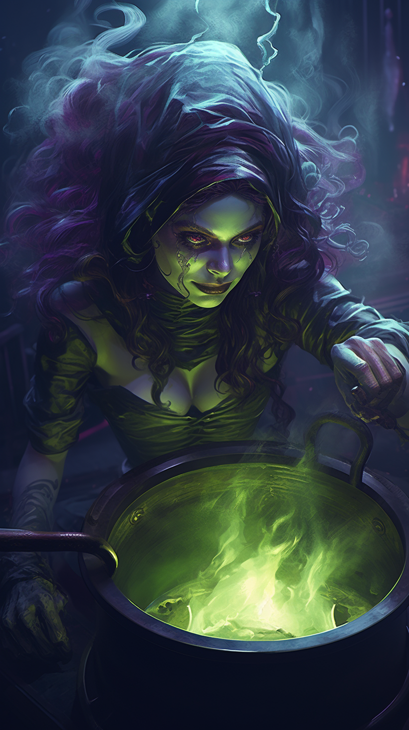 Cinematic close-up of a green-skinned witch cooking