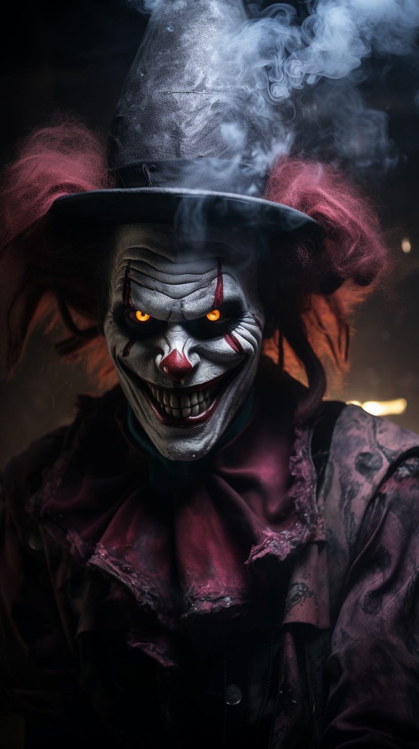 Sinister evil clown surrounded by smoke