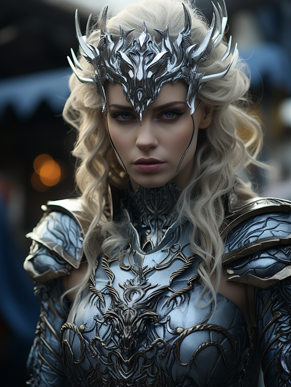 Malevolent ice queen adorned in armor