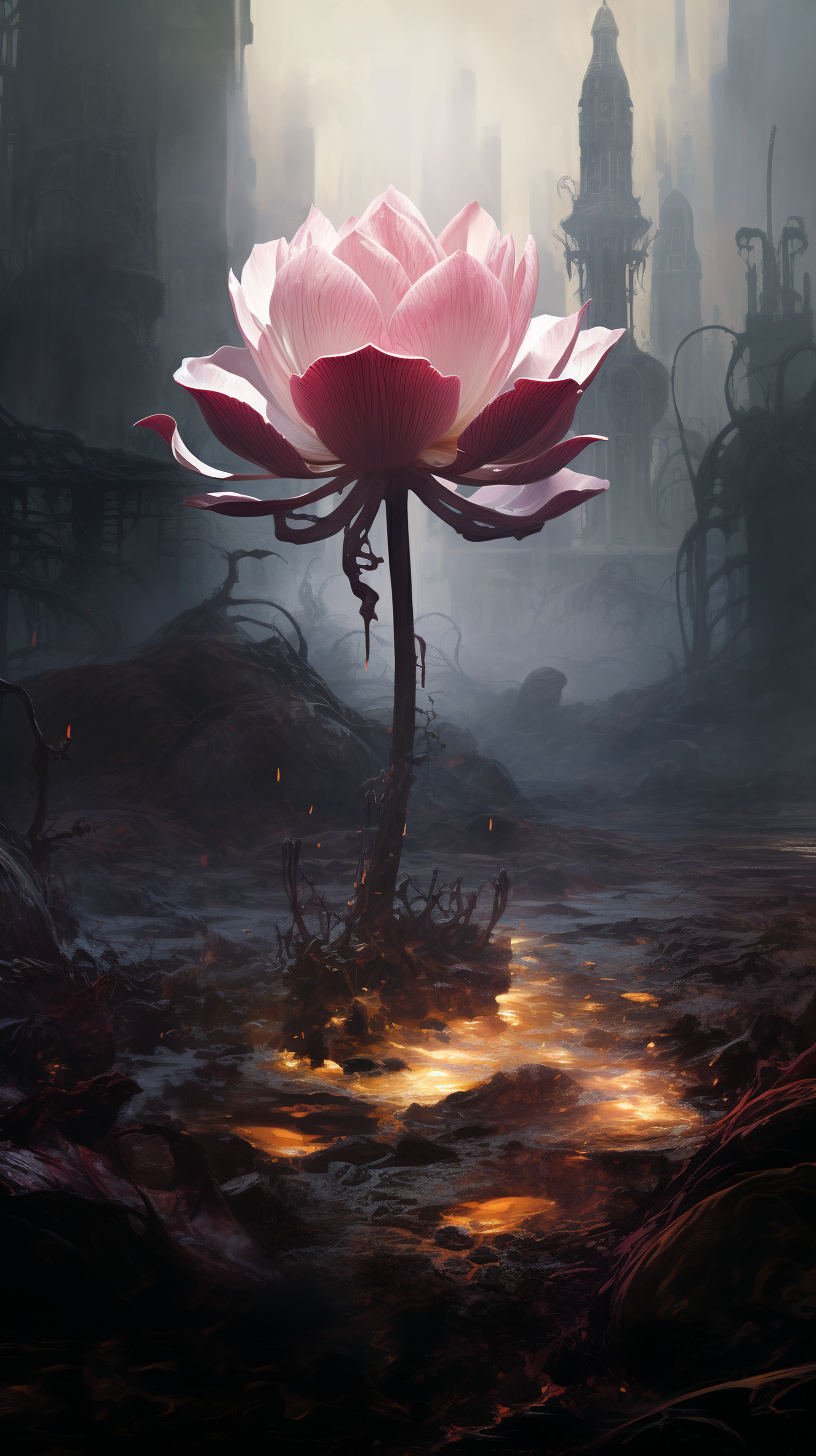 Sinister lotus flower in dystopian setting