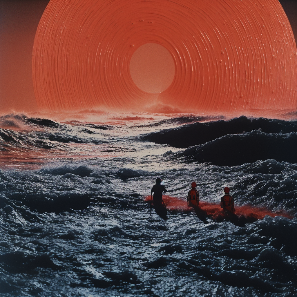 Retro 1960s film image of evil Martians surfing moon waves