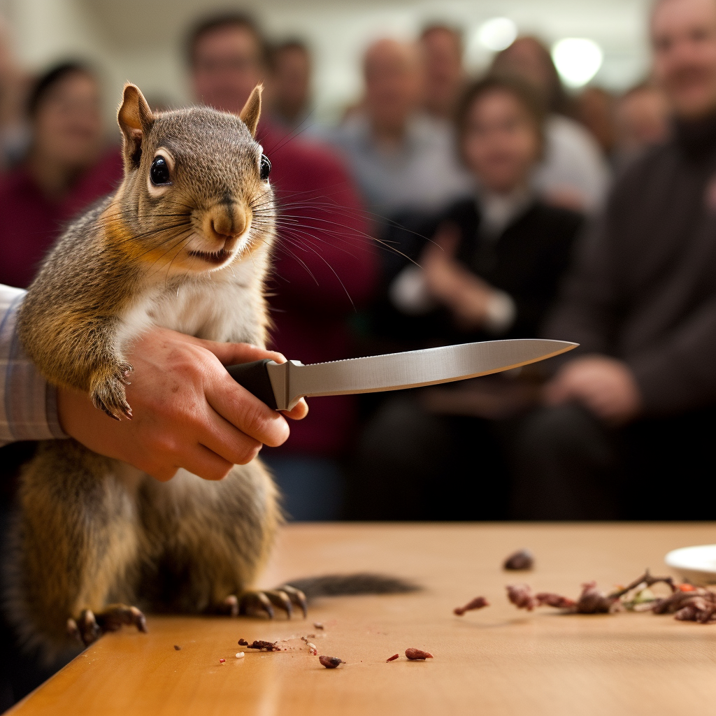 Evil murder squirrel with knife being cheered on