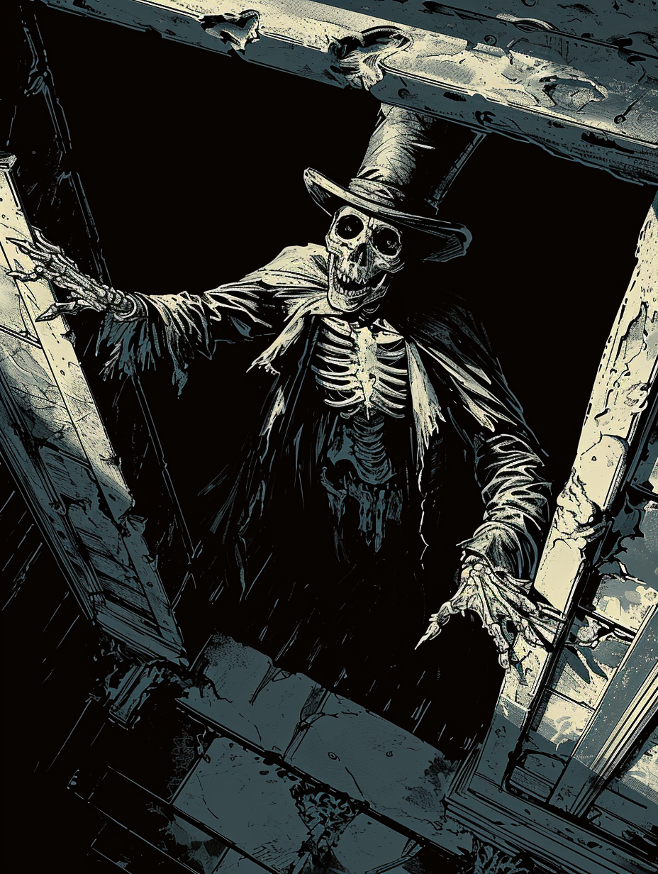 Mysterious phantom skeleton in top hat and cape