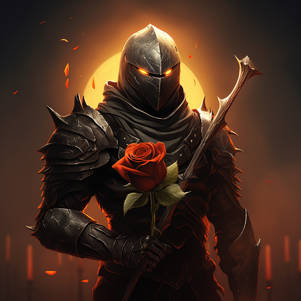 Sinister Pumpkin Knight holding red rose