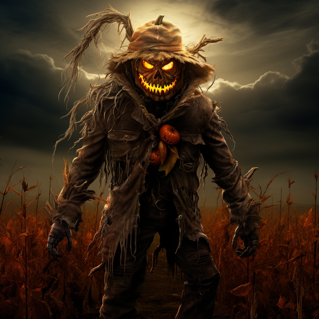 Scary scarecrow with jack o lantern head