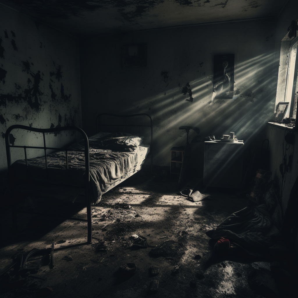 Dark and Sinister Shadows in Abandoned Bedroom