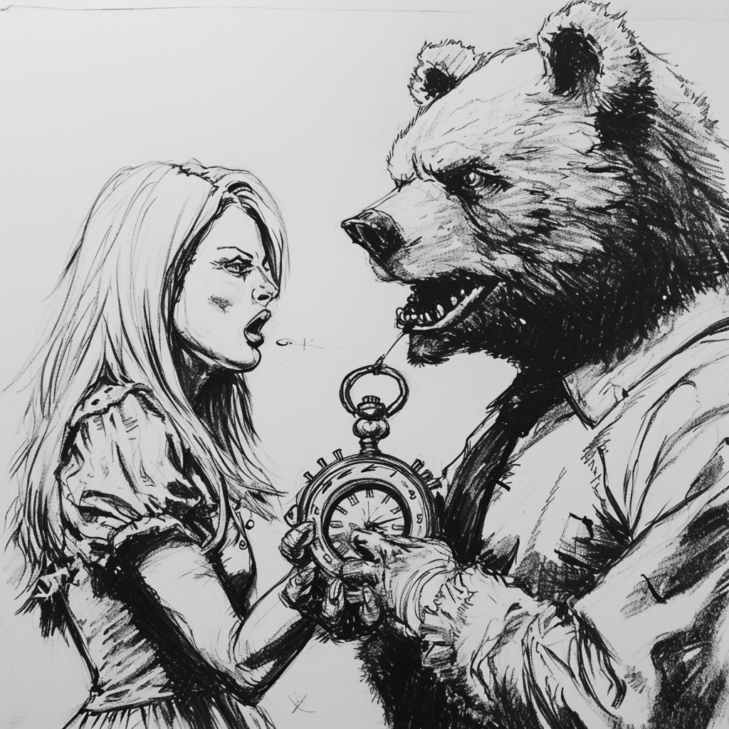 Evil Teddybear Hypnotizing Blond Woman with Pocket Watch.