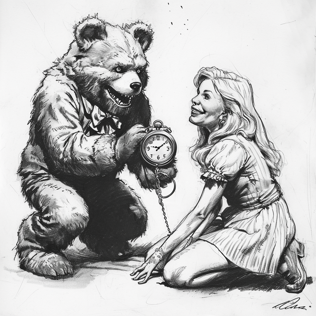 Evil Teddybear Hypnotizing Blond Woman