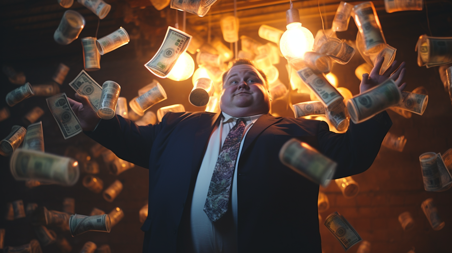 Evil businessman holding light bulb surrounded by money