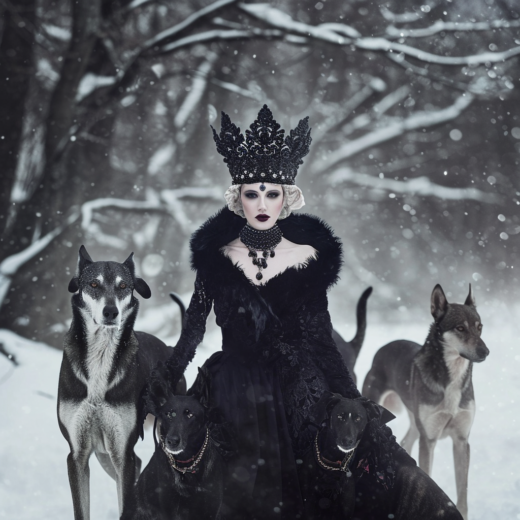 Evil villain queen with Irish Wolfhounds in snow