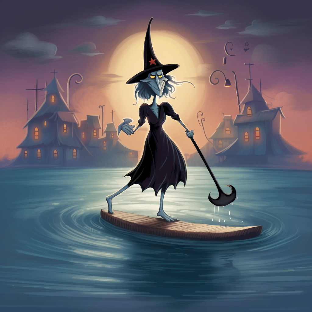 Cartoon illustration of evil witch on paddle board