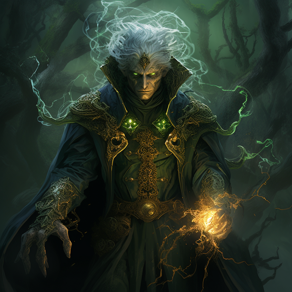 Evil Wood Elf Sorcerer in Green Cloak with Gold Adornments