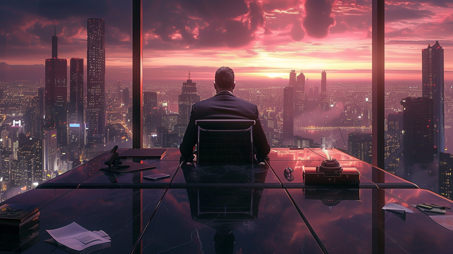 Man in Suit Smoking Cigar in Boardroom