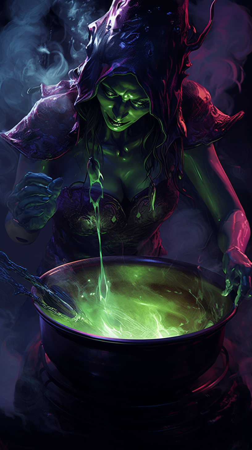 Close-up of an evil green-skinned witch cooking with a huge cauldron