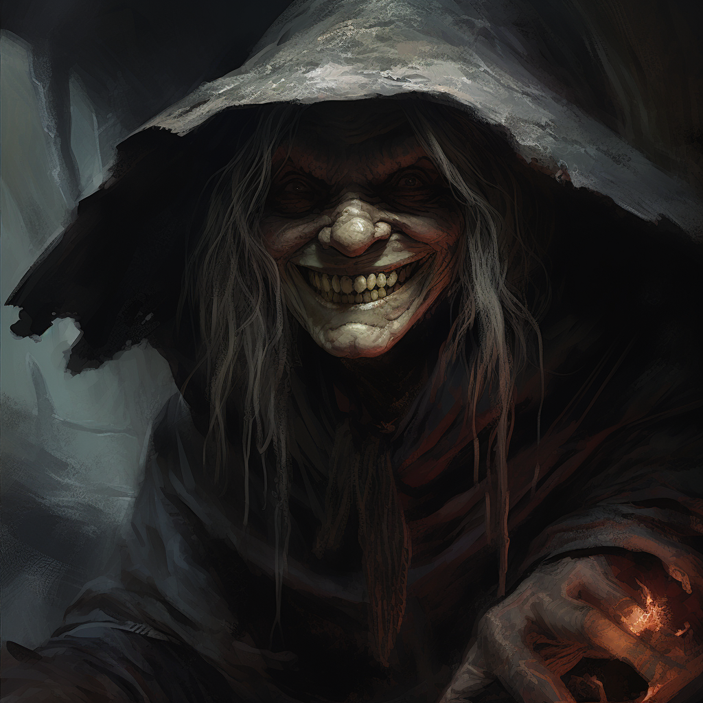 Dark fantasy hag witch with evil grin