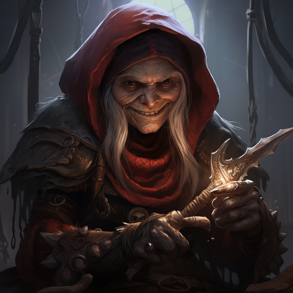 Female gnome rogue with evil grin and poisoned dagger