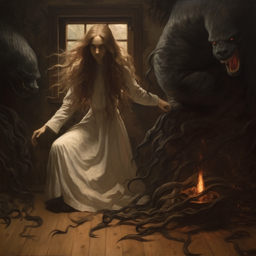 Mysterious evil long-haired witch in surreal art