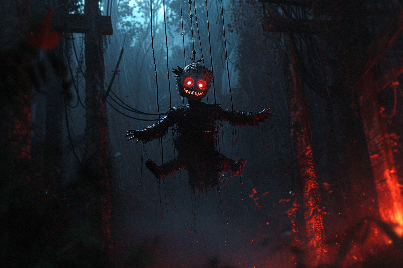 Evil Smiling Human Marionette in Dark Forest