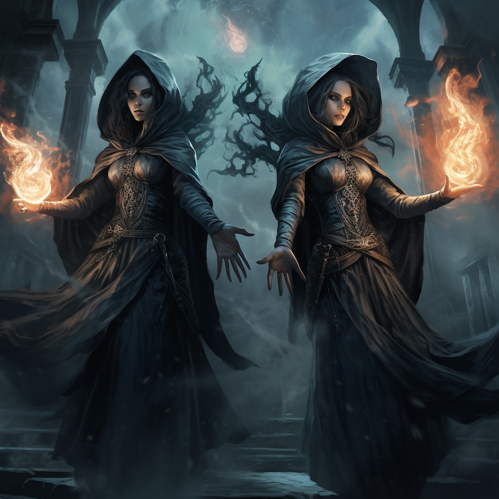 Dark sorceress sisters casting sinister spells