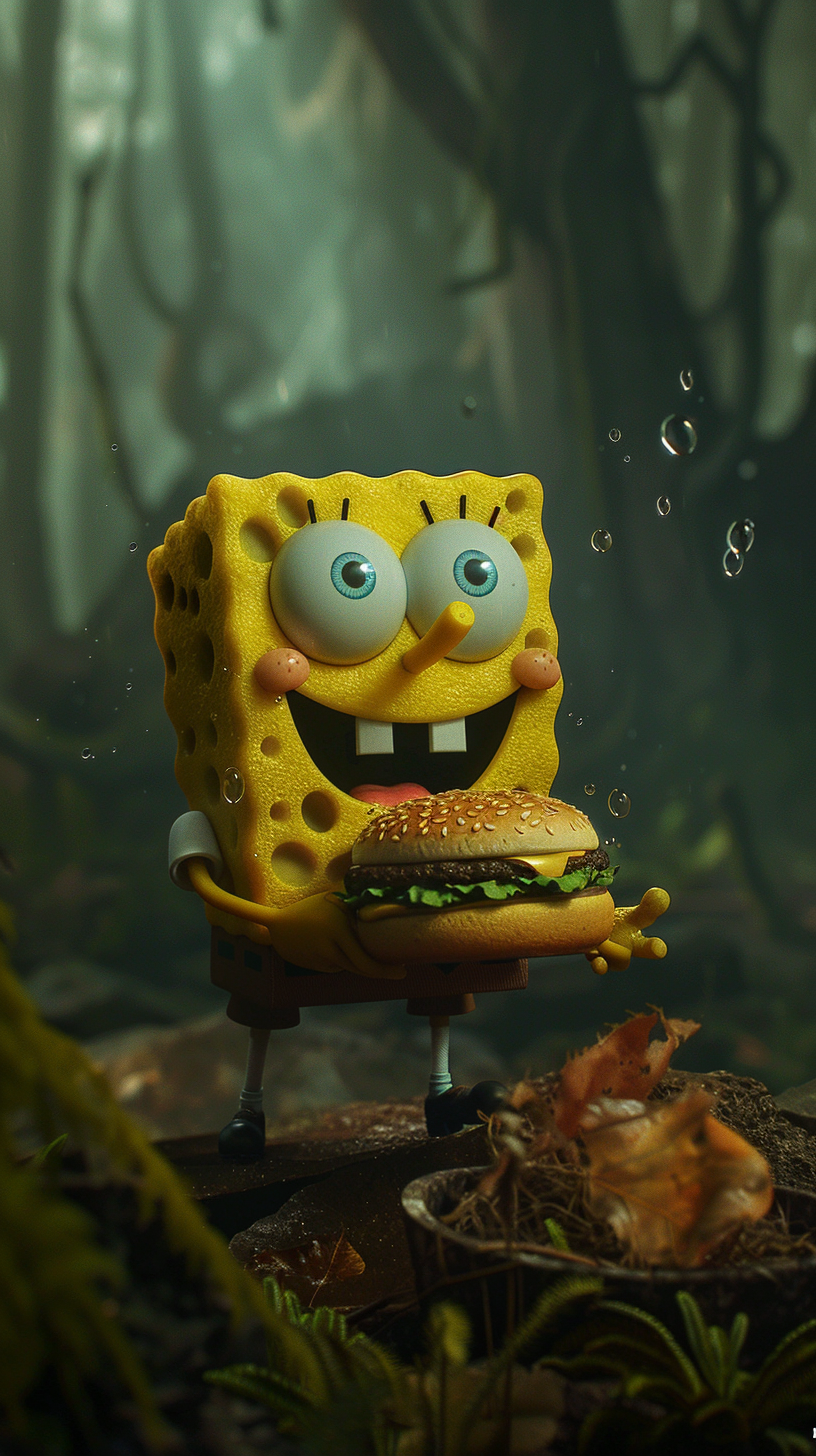 SpongeBob holding Krabby Patty burger