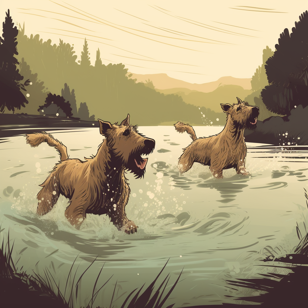 Two Airedales happily swimming in a river