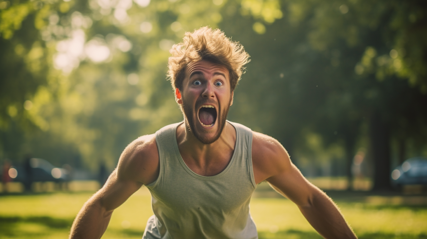 College-aged man excitedly enjoying outdoors