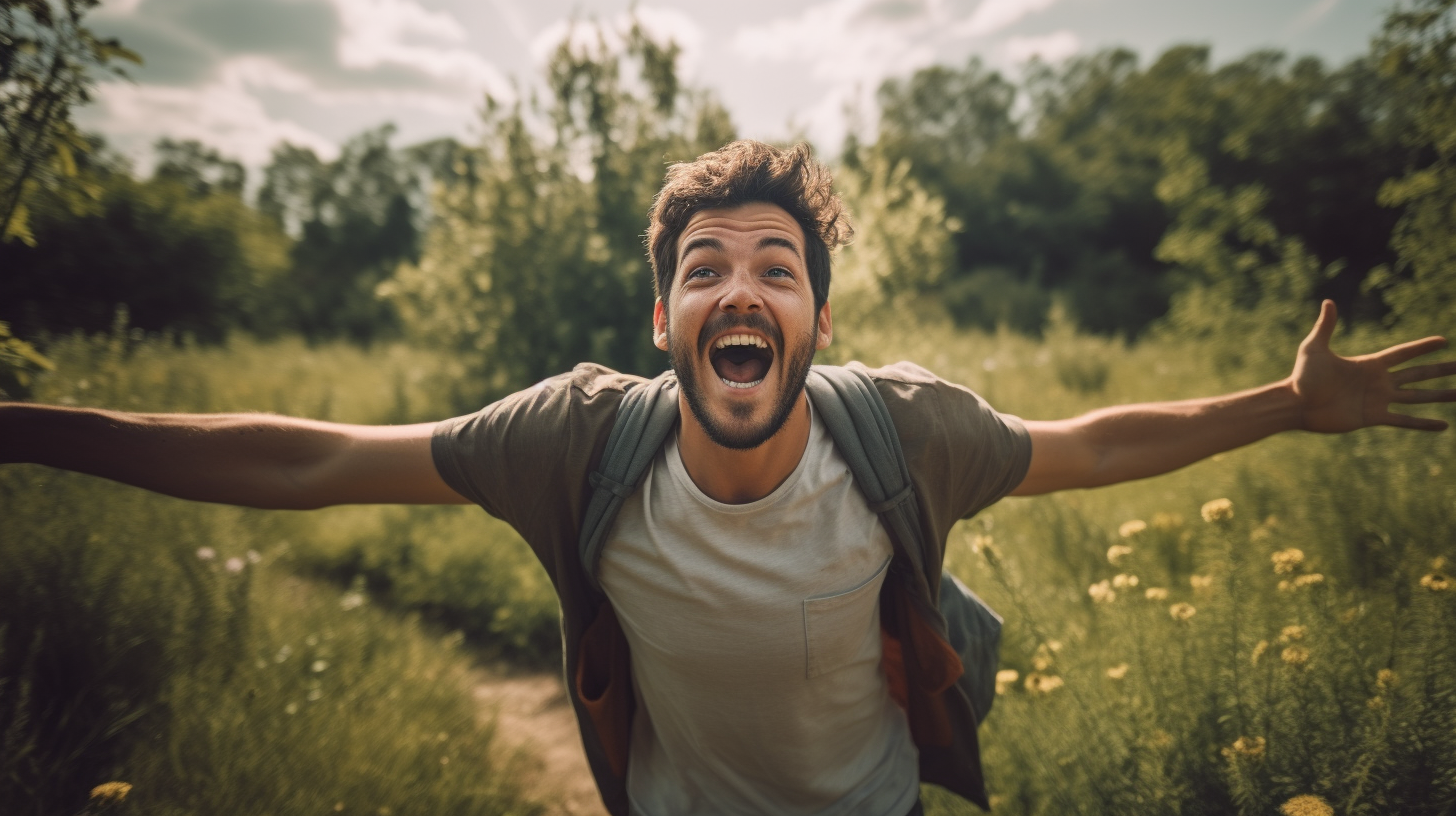 Excited college man showing shoulder