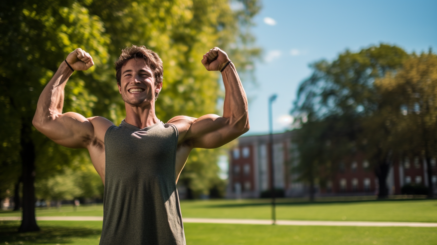 Excited man flexing tricep in grass